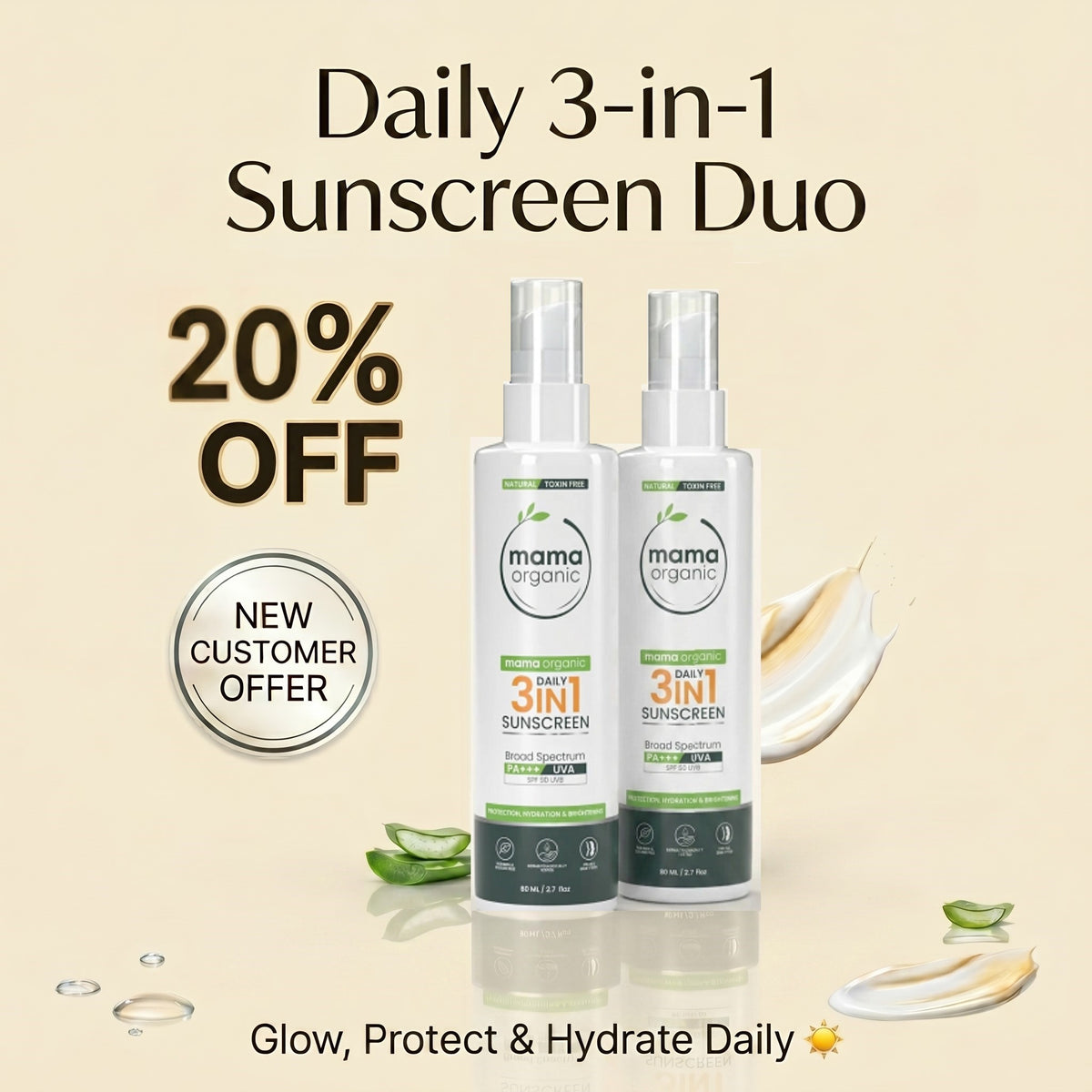 3 in 1 Daily Sunscreen - 80ml Duo SPF 50 PA+++ For Sun Protection & Skin Brightening