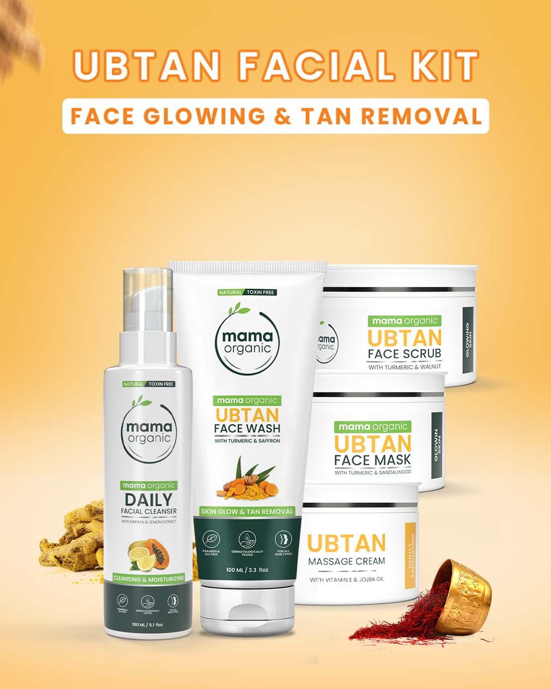 Ubtan Facial Kit (Face Wash 100ML + Face Mask 100G + Face Scrub 100G + Massage Cream 100G + Daily Facial Cleanser 150ML)
