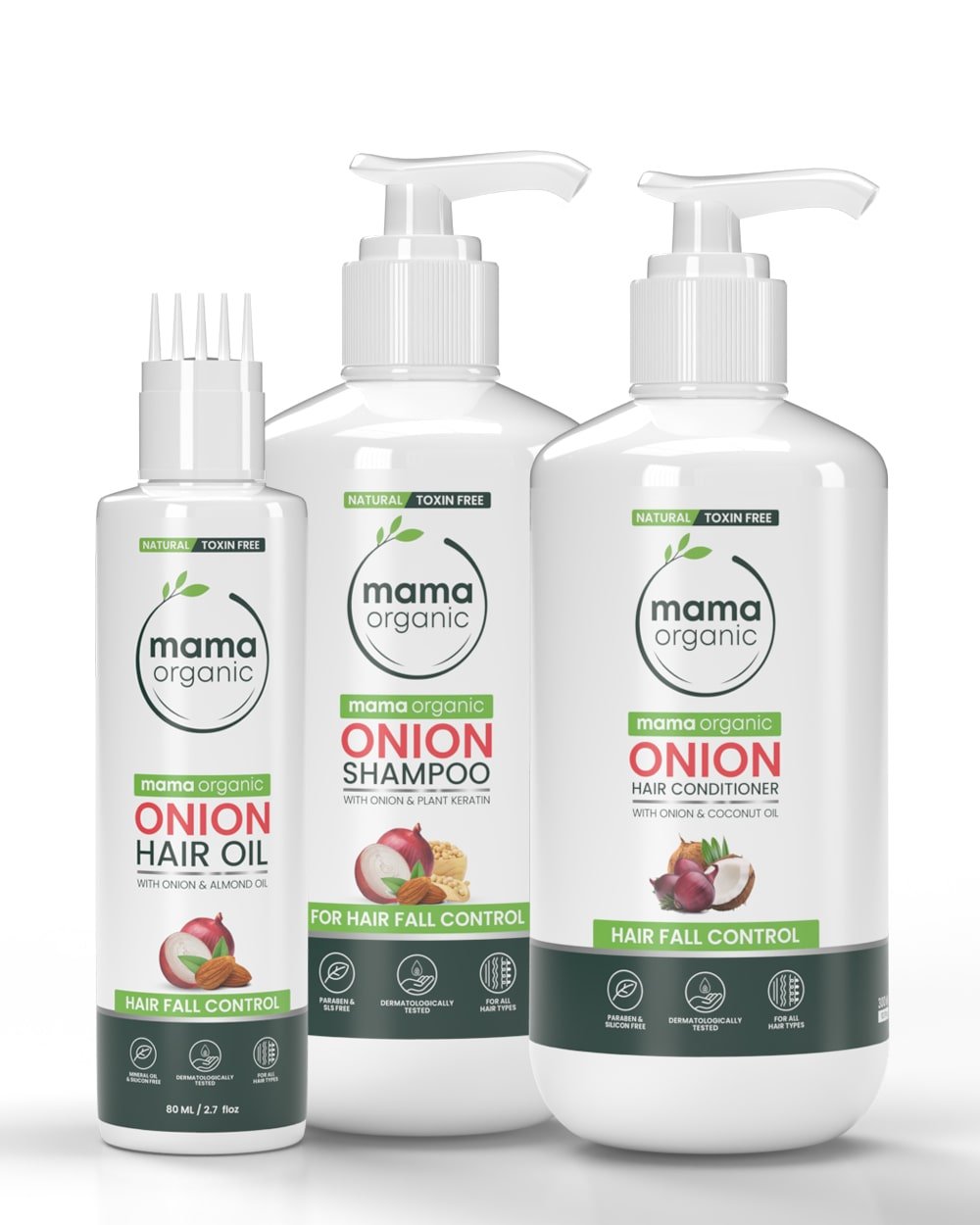 Hair Fall Control Kit | Onion Hair Oil 80ml + Onion Hair Shampoo 300ml + Onion Hair Conditioner 300ml - Natural & Toxin-Free - MamaOrganic